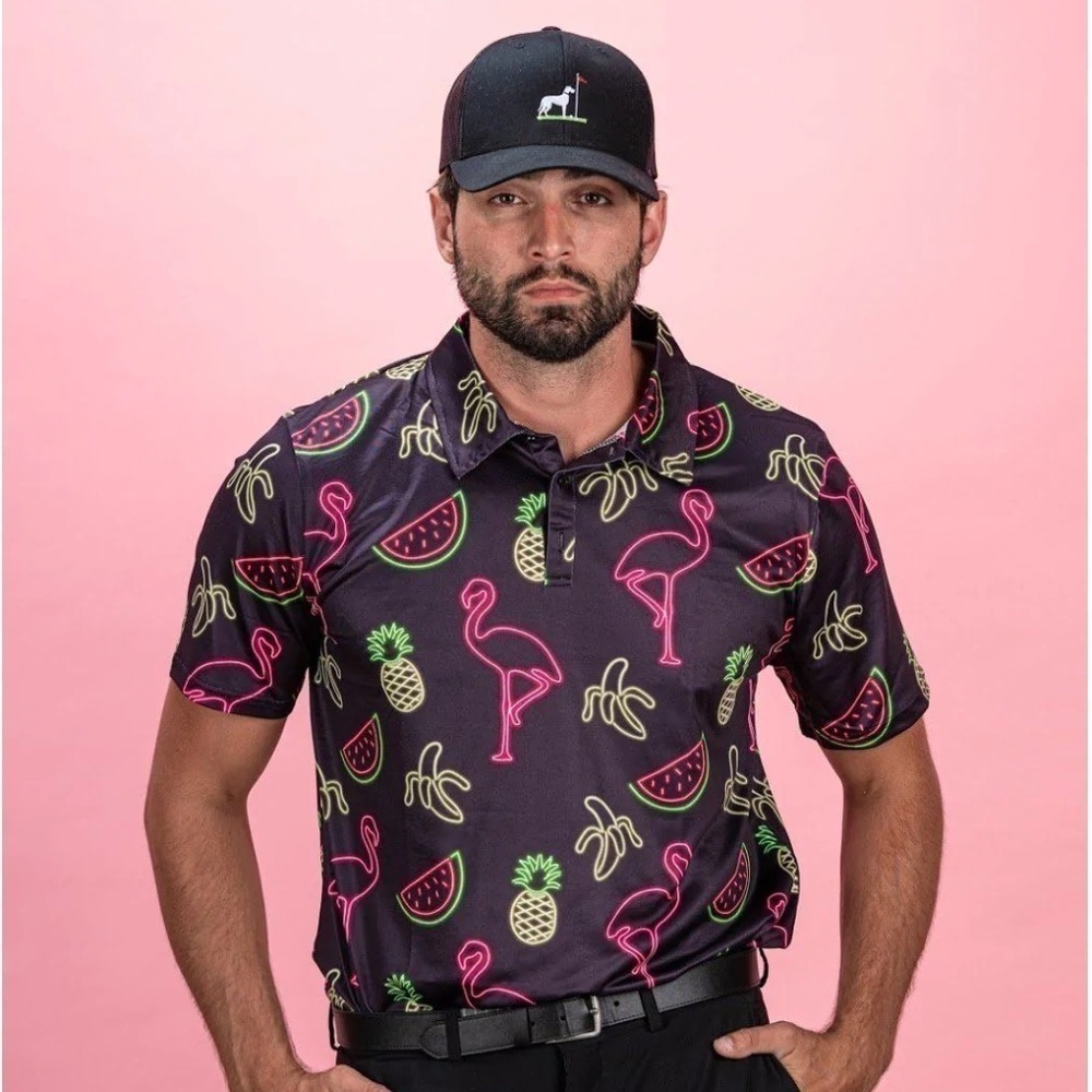 Proud 90 ninety men's golf shirt polo Sz large neon flamingo banana shirt